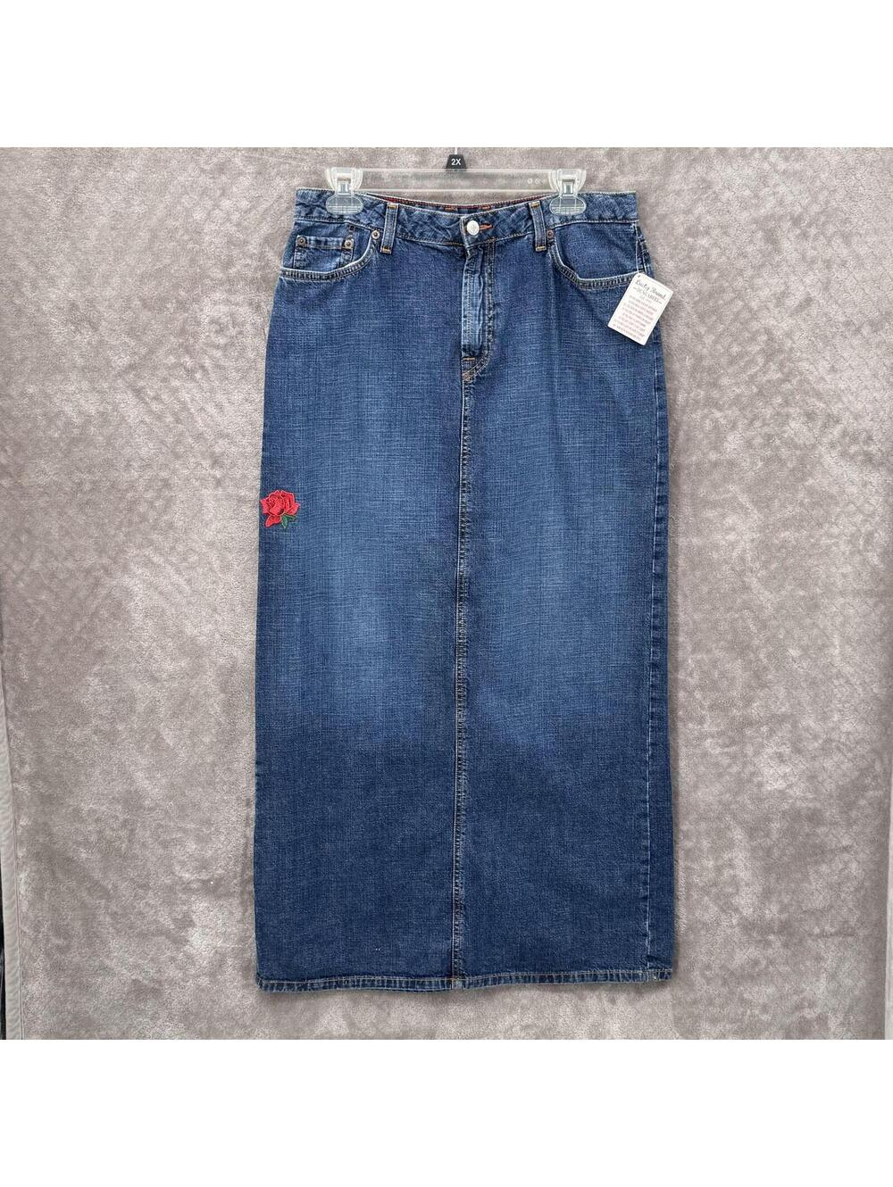 Lucky Brand Skirt Womens 12 Blue Denim Long Rose Embroidered Jean Pencil USA